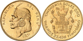 PEROU
République, 1821-. 50 Soles 1931. Tête d'Inca à gauche. Date à l'exergue / Sculpture inca. Tranche striée. 33,42g. KM 219.

Superbe. NGC MS62...