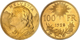 SUISSE
Confédération
100 Francs 1925 B, Berne. Buste de jeune femme à gauche, dans un paysage de montagnes / Valeur et date. Au-dessus, une croix su...