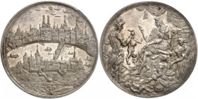 SUISSE
Bâle
Médaille religieuse en argent non datée (vers 1675), par S. Hendrick. Vue de la ville depuis le nord-est. Armes de Bâle entre une branch...