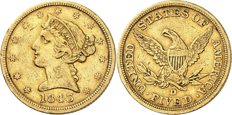 USA
5 Dollars 1843 D, Dahlonega. Variété avec PETITE DATE. 8,28g. Fr. 140.

R...
