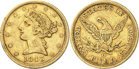 USA
5 Dollars 1843 D, Dahlonega. Variété avec PETITE DATE. 8,28g. Fr. 140.

Rare. TB.
