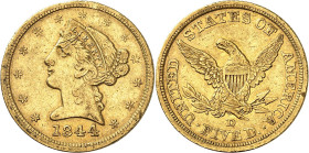 USA
5 Dollars 1844 D, Dahlonega. 8,35g. Variété avec PETITE DATE. Fr. 140.

Rare. TB.