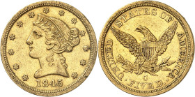 USA
5 Dollars 1845 O, New Orleans. Variété avec PETITE DATE. 8,33g. Fr. 141.

Très beau.
