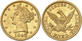 USA
5 Dollars 1848. 8,31g. Fr. 138.

Très beau.