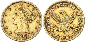 USA
5 Dollars 1849 D, Dahlonega. 8,32g. Fr. 140.

Rare. Petit coup sur le bord. TB.