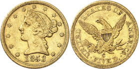 USA
5 Dollars 1853 C, Charlotte. 8,30g. Fr. 139.

Rare. TB.