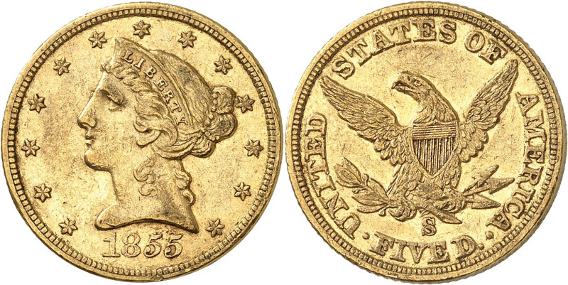 USA
5 Dollars 1855 S, San Francisco. 8,33g. Fr. 142.

Très beau.