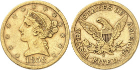 USA
5 Dollars 1858 S, San Francisco. Variété avec PETITE LETTRE D'ATELIER. 8,22g. Fr. 142.

Rare. Beau.