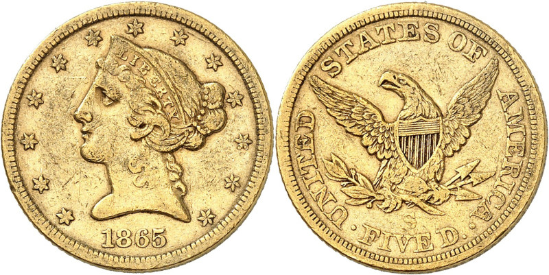 USA
5 Dollars 1865 S, San Francisco. Variété avec PETITE DATE. 8,27g. Fr. 142....