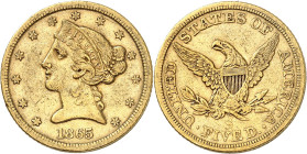 USA
5 Dollars 1865 S, San Francisco. Variété avec PETITE DATE. 8,27g. Fr. 142.

Très rare. TB.