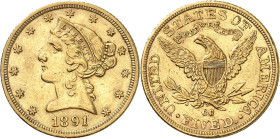 USA
5 Dollars 1891 CC, Carson City. Variété avec PETITE DATE et PETITE LETTRE D'ATELIER. 8,34g. Fr. 146.

Très bel exemplaire.