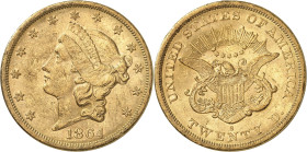 USA
20 Dollars 1864 S, San Francisco. Variété avec PETITE LETTRE D'ATELIER. 33,43g. Fr. 172.

Très beau.