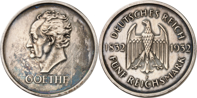 ALLEMAGNE
République de Weimar, 1918-1933. 5 Mark 1932 F "Goethe", Stuttgart. B...