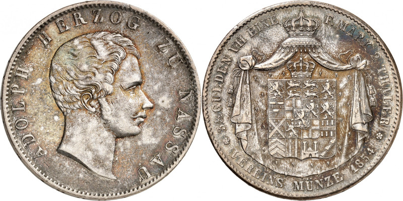 ALLEMAGNE
Nassau
Adolphe, 1839-1866. Double Taler 1854, Wiesbaden. Tête nue à ...