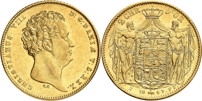 DANEMARK
Christian VIII, 1839-1848. 2 Christians d'or 1847 FF, Altona. Tête nue...