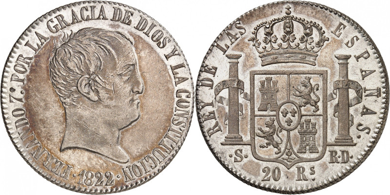 ESPAGNE
Ferdinand VII, 1808-1833. 20 Reales 1822 S-RD, Séville. Tête nue à droi...