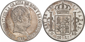 ESPAGNE
Ferdinand VII, 1808-1833. 20 Reales 1822 S-RD, Séville. Tête nue à droite. Date à l'exergue / Ecu couronné entre les colonnes d'Hercule. Vale...
