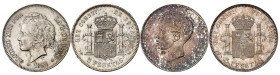 ESPAGNE
Alphonse XIII, 1885-1931. Lot de 2 monnaies : 5 Pesetas 1892*18-92 PG-M, Madrid, et 5 Pesetas 1899*18-99 SG-V, Madrid. Tête juvénile nue à ga...