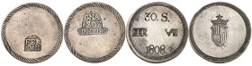 ESPAGNE
Monnaies de nécessité
Ferdinand VII, 1808-1833. Lot de 2 monnaies : Un Duro 1808, Gérone, et 30 Sous 1808, Majorque. Poinçons portant le nom...