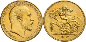 GRANDE BRETAGNE
Epoque moderne
Edouard VII, 1901-1010. Série de 4 monnaies: 5 Souverains 1902 (MATT PROOF), 2, 1 et 1/2 Souverain 1902 (normal), Lon...