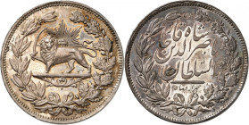 IRAN
Nasir al-Din Shah, 1848-1896. 5000 Dinars (5 Krans) AH 1297 (1879-80), Téhéran. ESSAI en ARGENT. Lion tenant un sabre, à gauche, sur fond de sol...