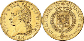 ITALIE
Piémont Sardaigne
Victor-Emmanuel I, 1814-1821. 20 Lire 1816 (aigle), Turin. Buste à gauche. Initiales du graveur sur la tranche du cou. Date...