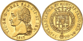 ITALIE
Piémont Sardaigne
Victor-Emmanuel I, 1814-1821. 20 Lire 1817 L (aigle), Turin. Buste à gauche. Initiales du graveur sur la tranche du cou. Da...