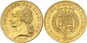 ITALIE
Piémont Sardaigne
Victor-Emmanuel I, 1814-1821. 20 Lire 1818 L (aigle), Turin. Buste à gauche. Initiales du graveur sur la tranche du cou. Da...
