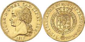ITALIE
Piémont Sardaigne
Victor-Emmanuel I, 1814-1821. 20 Lire 1819 L (aigle), Turin. Buste à gauche. Initiales du graveur sur la tranche du cou. Da...