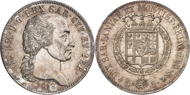 ITALIE
Piémont Sardaigne
5 Lire 1818 L (aigle), Turin. Buste nu à droite. Date...