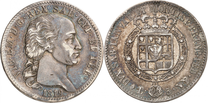 ITALIE
Piémont Sardaigne
5 Lire 1819 L (aigle), Turin. Buste nu à droite. Date...