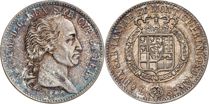 ITALIE
Piémont Sardaigne
5 Lire 1820 L (aigle), Turin. Buste nu à droite. Date...