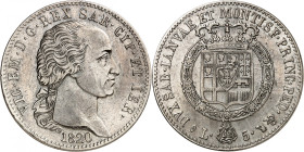 ITALIE
Piémont Sardaigne
5 Lire 1820 L (aigle), Turin. Buste nu à droite. Date au-dessous / Ecu couronné, entouré du collier de l'ordre de l'Annonci...