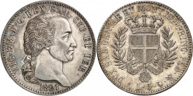 ITALIE
Piémont Sardaigne
5 Lire 1821 L (aigle), second type, Turin. Buste nu à droite. Date au-dessous / Ecu couronné, entouré du collier de l'ordre...