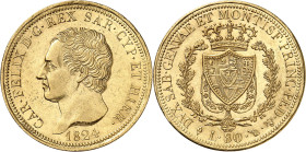 ITALIE
Piémont Sardaigne
Charles-Félix, 1821-1831. 80 Lire 1824 L (aigle), Turin. Buste à gauche. Nom du graveur sur la tranche du cou. Date au-dess...