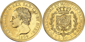 ITALIE
Piémont Sardaigne
Charles-Félix, 1821-1831. 80 Lire 1824 P (ancre),Gênes. Buste à gauche. Nom du graveur sur la tranche du cou. Date au-desso...