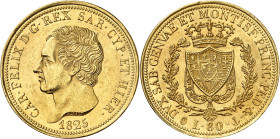 ITALIE
Piémont Sardaigne
Charles-Félix, 1821-1831. 80 Lire 1825 P (ancre), Gênes. Buste à gauche. Nom du graveur sur la tranche du cou. Date au-dess...
