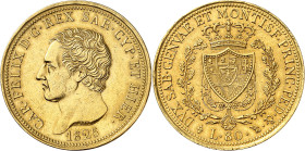 ITALIE
Piémont Sardaigne
Charles-Félix, 1821-1831. 80 Lire 1826 L (aigle), Turin. Buste à gauche. Nom du graveur sur la tranche du cou. Date au-dess...