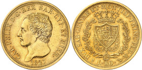 ITALIE
Piémont Sardaigne
Charles-Félix, 1821-1831. 80 Lire 1827 L (aigle), Turin. Buste à gauche. Nom du graveur sur la tranche du cou. Date au-dess...