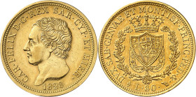 ITALIE
Piémont Sardaigne
Charles-Félix, 1821-1831. 80 Lire 1828 L (aigle), Turin. Buste à gauche. Nom du graveur sur la tranche du cou. Date au-dess...