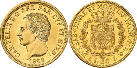 ITALIE
Piémont Sardaigne
Charles-Félix, 1821-1831. 80 Lire 1828 P (ancre), Gênes. Buste à gauche. Nom du graveur sur la tranche du cou. Date au-dess...