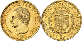 ITALIE
Piémont Sardaigne
Charles-Félix, 1821-1831. 80 Lire 1829 P (ancre), Gênes. Buste à gauche. Nom du graveur sur la tranche du cou. Date au-dess...