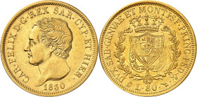ITALIE
Piémont Sardaigne
Charles-Félix, 1821-1831. 80 Lire 1830 P (aigle), Turin. Buste à gauche. Nom du graveur sur la tranche du cou. Date au-dess...