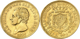 ITALIE
Piémont Sardaigne
Charles-Félix, 1821-1831. 40 Lire 1825 P (ancre), Gênes. Buste à gauche. Nom du graveur sur la tranche du cou. Date au-dess...