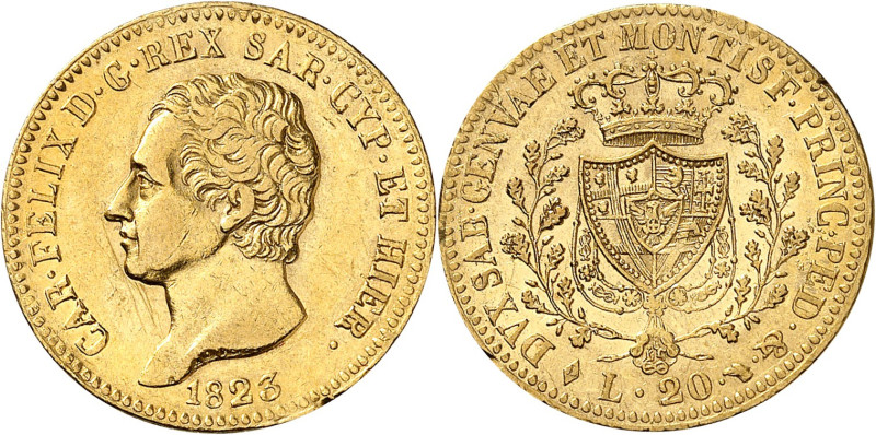 ITALIE
Piémont Sardaigne
Charles-Félix, 1821-1831. 20 Lire 1823 L (aigle), Tur...