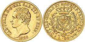 ITALIE
Piémont Sardaigne
Charles-Félix, 1821-1831. 20 Lire 1828 L (aigle), Turin. Buste à gauche. Nom du graveur sur la tranche du cou. Date au-dess...