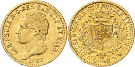 ITALIE
Piémont Sardaigne
Charles-Félix, 1821-1831. 20 Lire 1828 P (aigle), Turin. Buste à gauche. Nom du graveur sur la tranche du cou. Date au-dess...