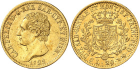ITALIE
Piémont Sardaigne
Charles-Félix, 1821-1831. 20 Lire 1829 P (aigle), Turin. Buste à gauche. Nom du graveur sur la tranche du cou. Date au-dess...