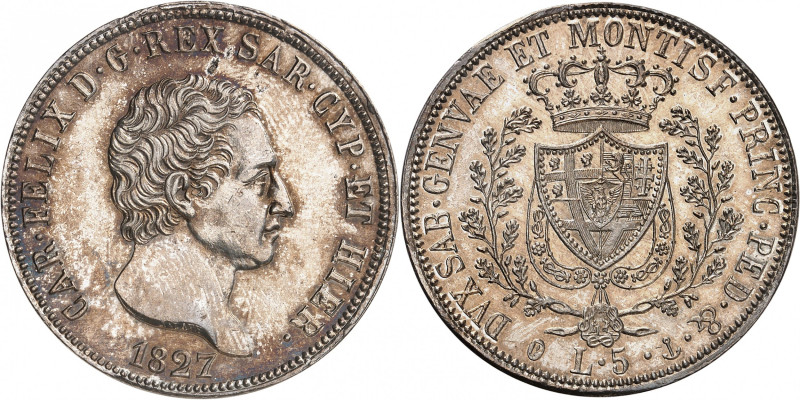 ITALIE
Piémont Sardaigne
5 Lire 1827 P (ancre), Gênes. Buste nu à droite. Date...