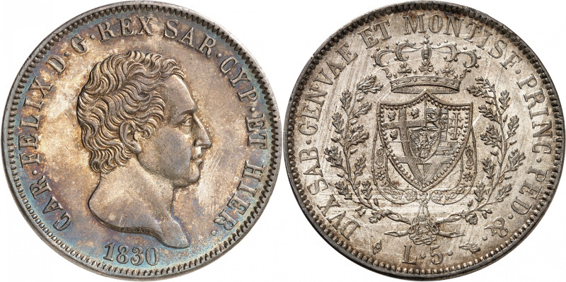 ITALIE
Piémont Sardaigne
5 Lire 1830 L (aigle), Turin. Buste nu à droite. Date...